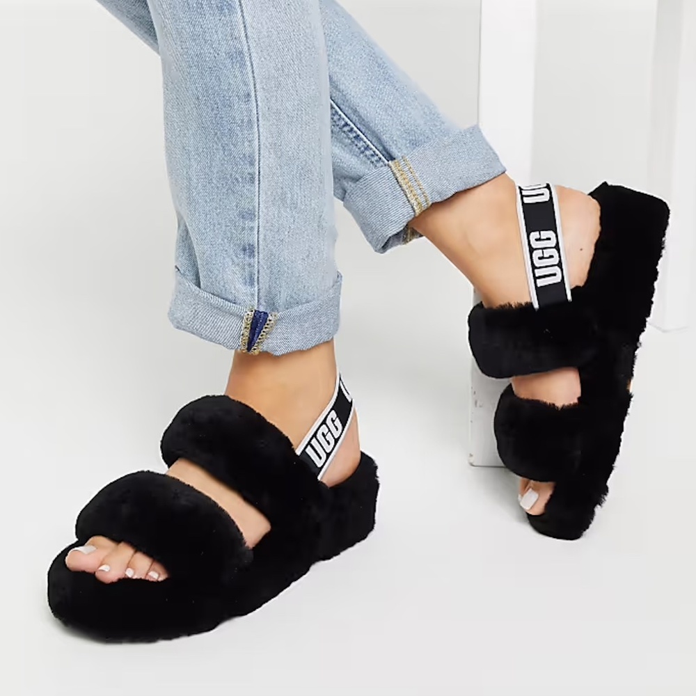 UGG $100 Womens 7 Black Oh Yeah 2 Strap Slingback Fuzzy Flat Open Toe Slippers